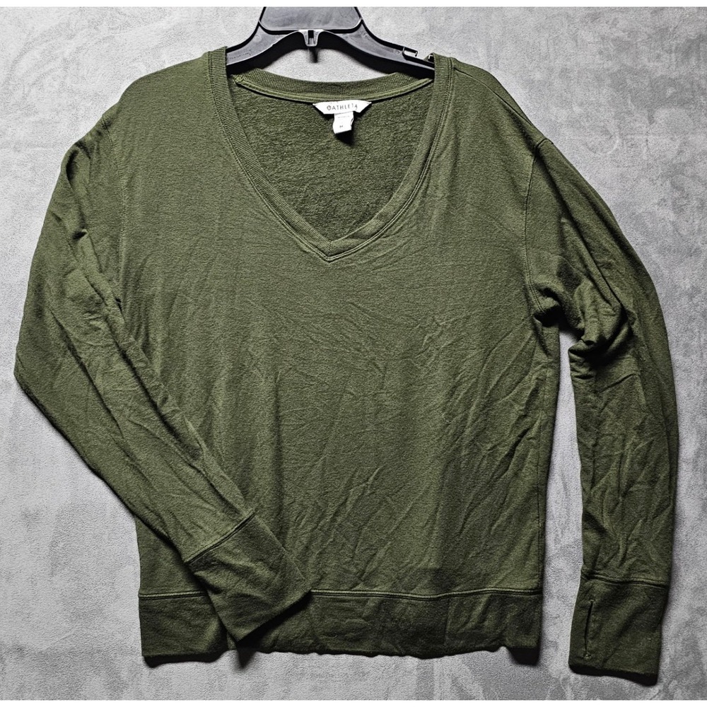 Athleta Women's Olive Green V-Neck Long Sleeve Thumbhole Pullover Sweatshirt M